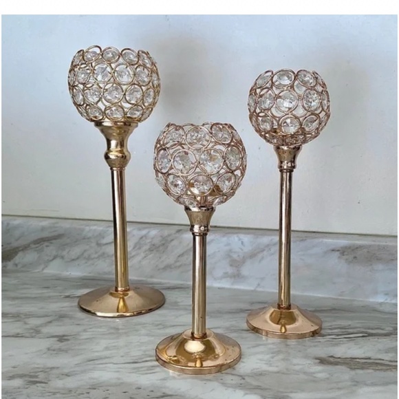 🪞 NEW set- sparkling votive decorative set of 3 in rose gold tone with crystals - Picture 4 of 4